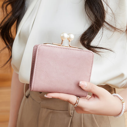 Women's Wallet Short Compact Three Layer LargeCapacity Retro Pearl Wallet High Quality PU Multi Card Seat/Coin ZeroWallet