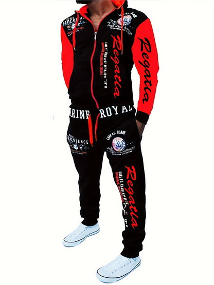 Men's Hooded Letter Print Tracksuit, 2pcs Casual Sports Set, Fashion Hoodie With Full-zip And Elastic-waist Pants, Regular Fit, Outdoor Cloth