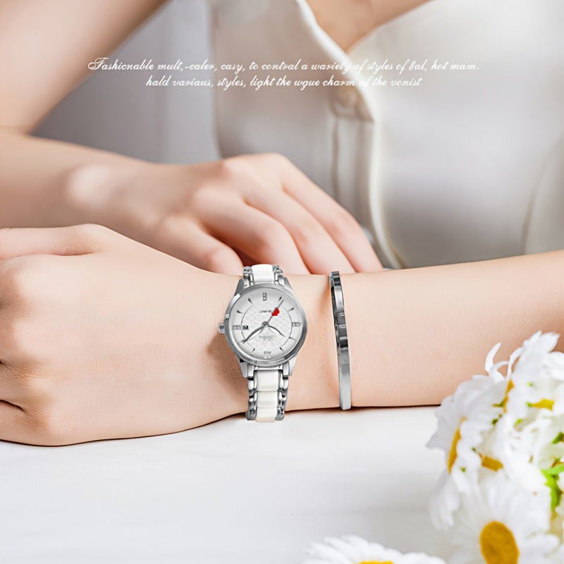 Elegant Women's Quartz Watch with Cupid Arrow & Ceramic Strap