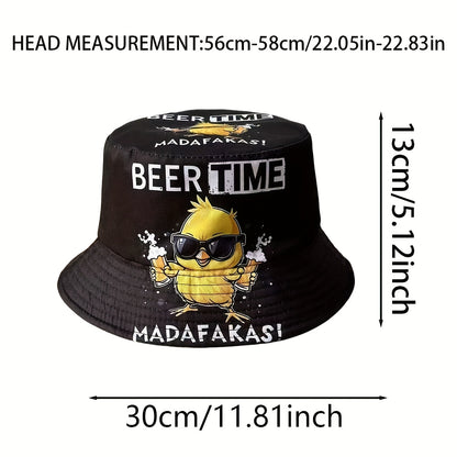 1pc Summer New Arrival Beer Time Duck Print Reversible Bucket Hat - Fun Beach & Streetwear, Sun Protection, Lightweight Polyester, Black with Colorful Graphics, Reversible Fashion | Street Style Hat | Woven Texture