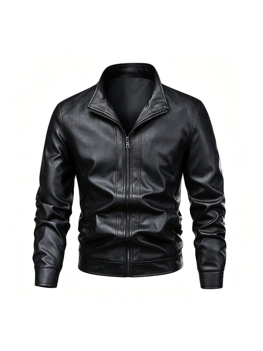 Men's Slim Fit PU Leather Stand Collar Jacket for Spring and Autumn