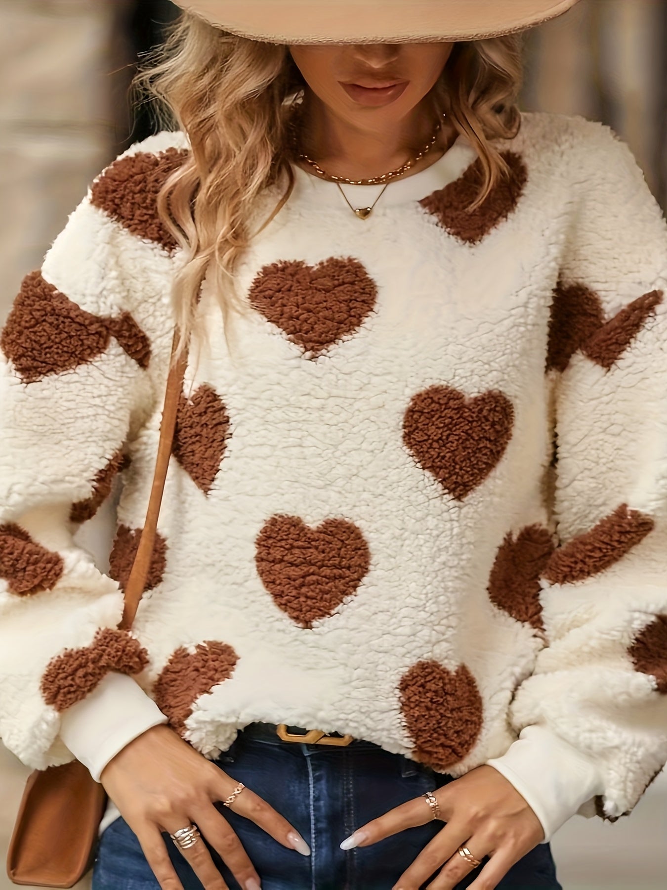 Women'S Cozy Fleece Sweatshirt with Heart Print - Long Sleeve, Crew Neck, White with Brown Hearts, Casual Fall/Winter Pullover, Casual Winter Wear | Cozy Fleece Material | Plush Texture