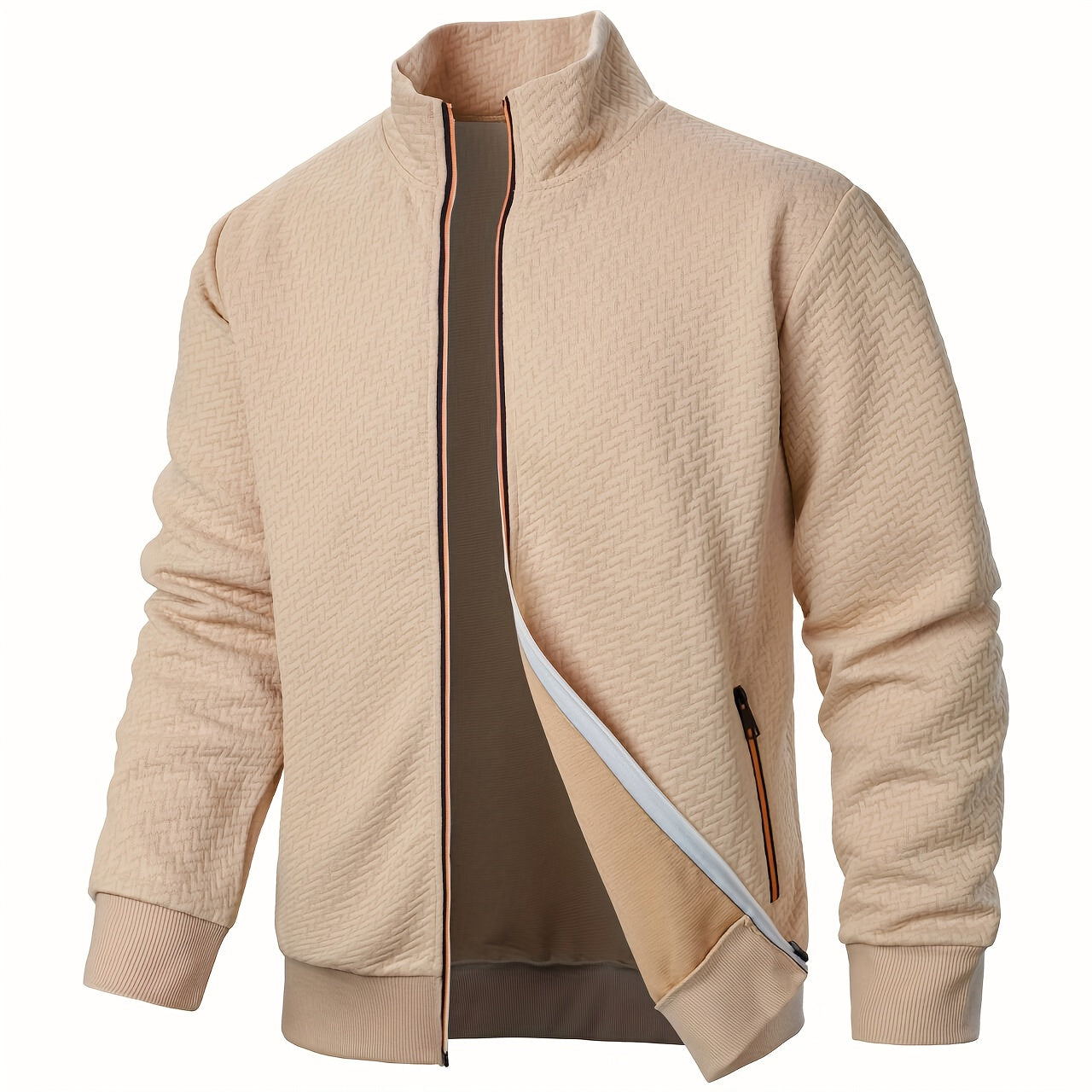 Men's Casual Zip Up Jacquard Jacket, Chic Stand Collar Coat for Spring Fall, Autumn And Winter, Hoodie Top