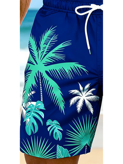 Plus Size Men's Palm Tree Print Beach Shorts, Breathable Polyester