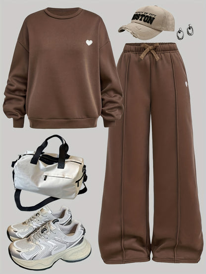 Girls' Casual Crewneck Sweatshirt and Wide-Leg Pants Set
