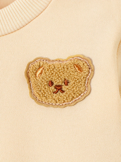 2pcs, Boys' Round Neck Sweatshirt Set, Suitable for Boys Aged 1-8, Fashionable Cartoon Bear Patch, Slightly Stretchy Fabric, Warm Fleece-Lined for Autumn and Winter, Ideal for Casual Sports Wear, Minimalist Style Perfect as a
