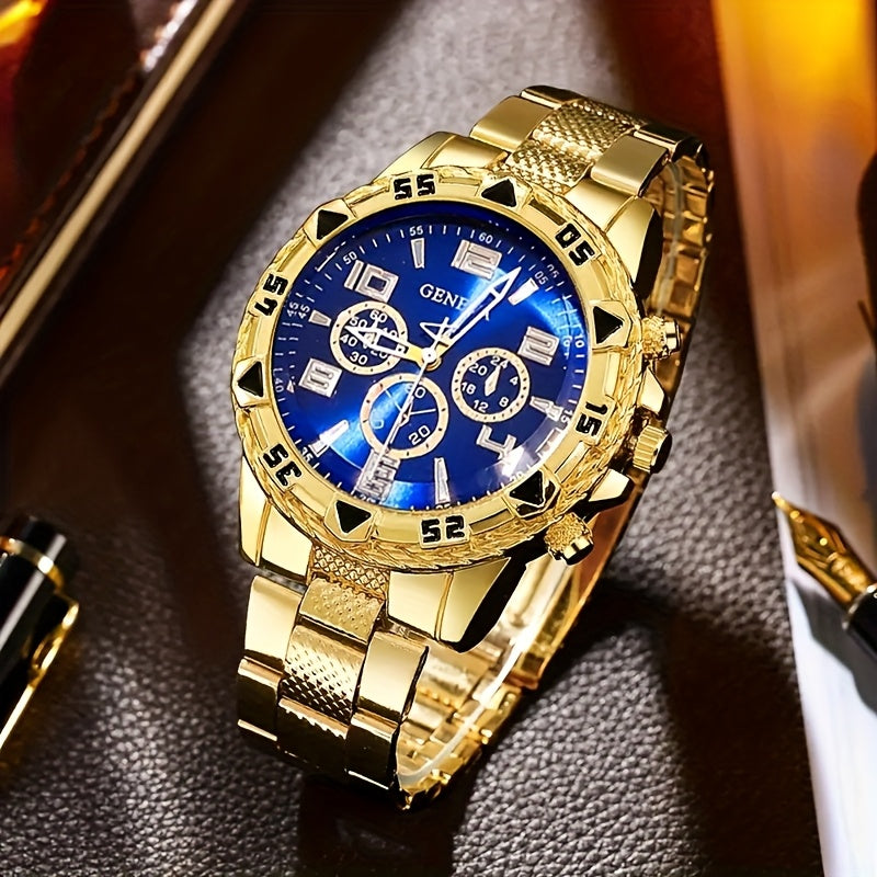 A Set of 4 Elegant Men'S Business Stainless Steel Quartz Watches, Featuring Stainless Steel Straps, Analog Display, And Accompanied by a Bracelet, Ring, And Necklace, Making It The Perfect Gift for Valentine'S Day, Easter, An