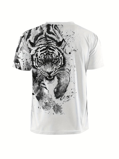 Men'S 3D Tiger Print T-Shirt - Casual Streetwear Short Sleeve, White with Black  Gray Tiger Design, Comfortable Summer Polyester Tee for Casual Attire, Urban Style Apparel   Tiger Graphic Tee   Quality Embroider