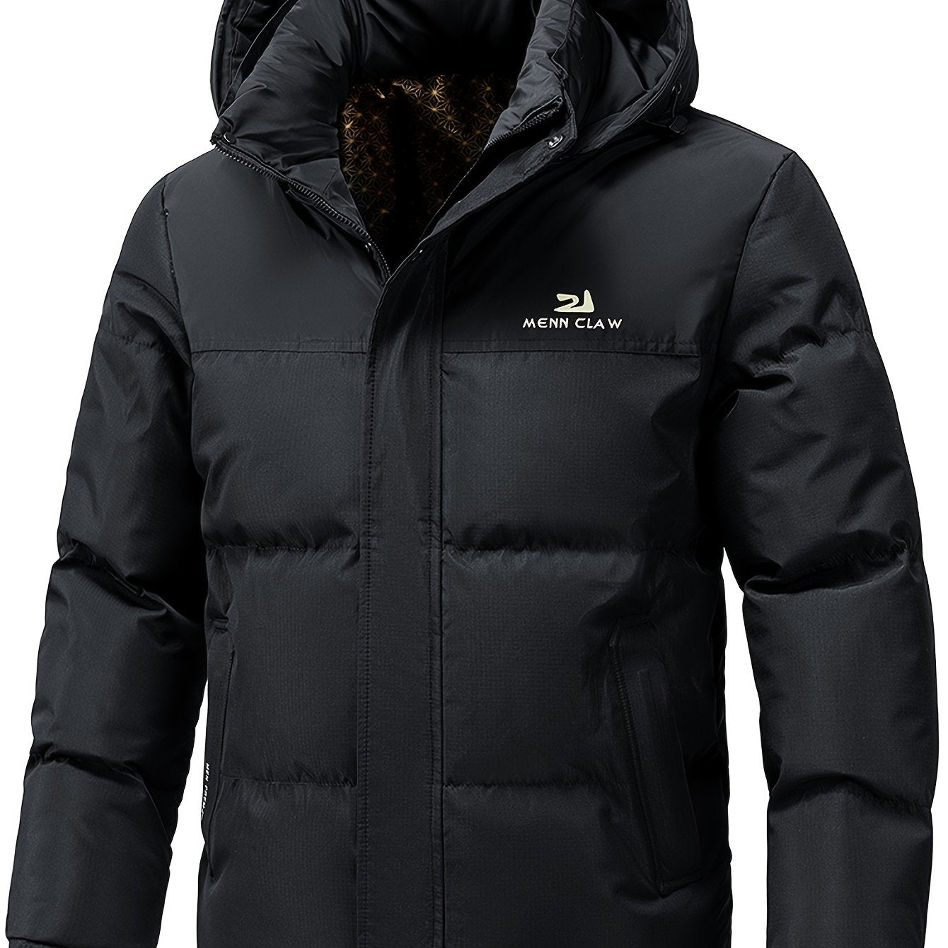 Men's Winter Jacket 100% Polyester Windproof Thermal Insulated Hooded with Detachable Hood, College Style Letter Pattern Zipper Front, Regular Fit for Skiing Outdoor Activities & Daily Wear
