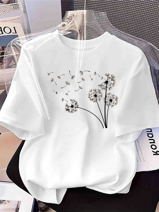 Women's Cotton Crew Neck T-Shirt with Golden Dandelion Print - ayq