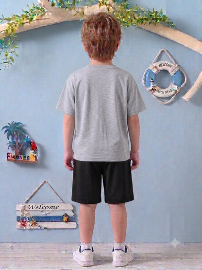 Boys' Casual Sports Set with Mountain Print, Polyester, Ages 7-12