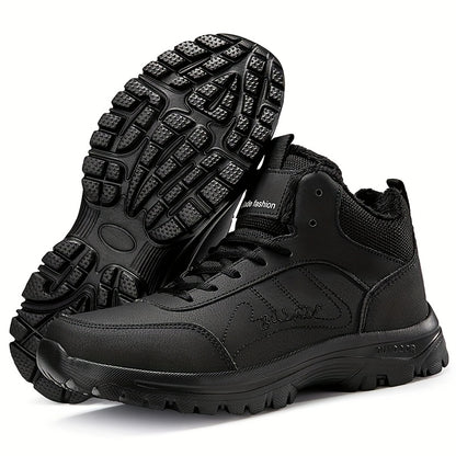 Men's Mid-Top Outdoor Sneakers | Plush Lining for Warmth | Durable MD Sole | All-Season Comfort | Stylish Black | Casual Walking Shoes with Hook & Loop Fastener | Ideal for Travel and Everyday Use
