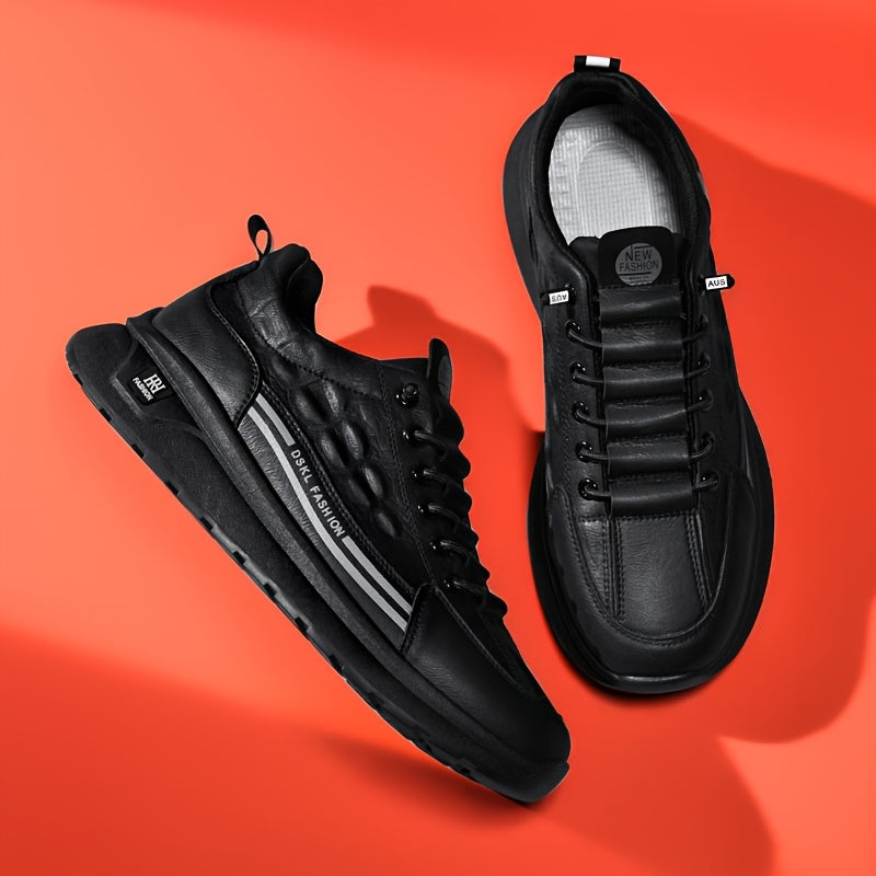 Men's Breathable Casual Sneakers - Comfortable, Versatile  Stylish Shoes for Running, Sports  Casual Attire, Black with White Accents, PU Upper  PVC Sole, Round Toe, Lace-Up Design, All-Season Use