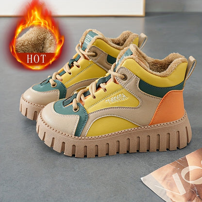 Women's Winter Thermal Snow Boots With Fleece Lining, Height Increasing Platform Thick Sole Comfortable Lace Up Mid Tube Boots