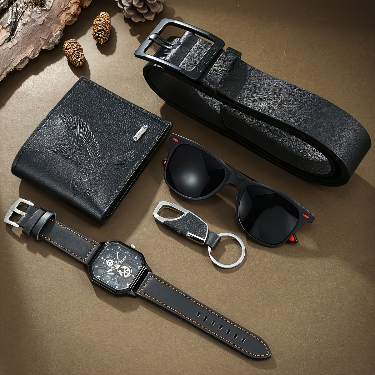 5pcs Men's Calm and Handsome Pu Leather Wallet + All-matching Business Watch Belt Glasses Key Chain Value Gift Box Set Anniversary Birthday Father's Day The Perfect Gift for Him
