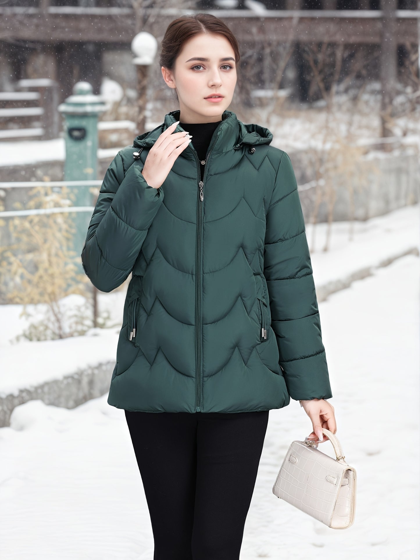 Women'S Elegant Black Winter Puffer Jacket - Long Sleeve, Zip-Up, Casual Style with Beaded Detail, Perfect for Snowy Days, Casual Winter Wear | Zippered Jacket | Functional Pockets
