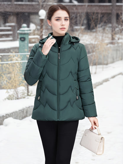 Women'S Elegant Black Winter Puffer Jacket - Long Sleeve, Zip-Up, Casual Style with Beaded Detail, Perfect for Snowy Days, Casual Winter Wear | Zippered Jacket | Functional Pockets