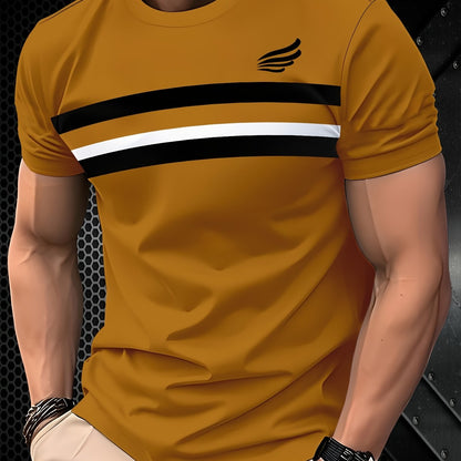 Men'S Casual Crew Neck T-Shirt - 100% Polyester Knit Fabric, Slight Stretch, Solid Color, Regular Fit, 3D Stripe Design