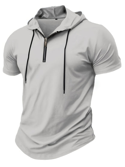 1pc Men's Light Blue Casual Hooded Short Sleeve T-Shirt with 1/4 Zipper, Breathable Stretch Fabric for Gym, Outdoor  Summer Wear, Gym Apparel, Stylish Contrast Detailing, Comfortable Fit