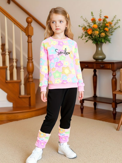 Girls' Autumn and Winter Fashion Warm Set with "Smile" Embroidery, Colorful Floral Appliqué Fleece Jacket and Flared Pants Outfit, Perfect for Outdoor