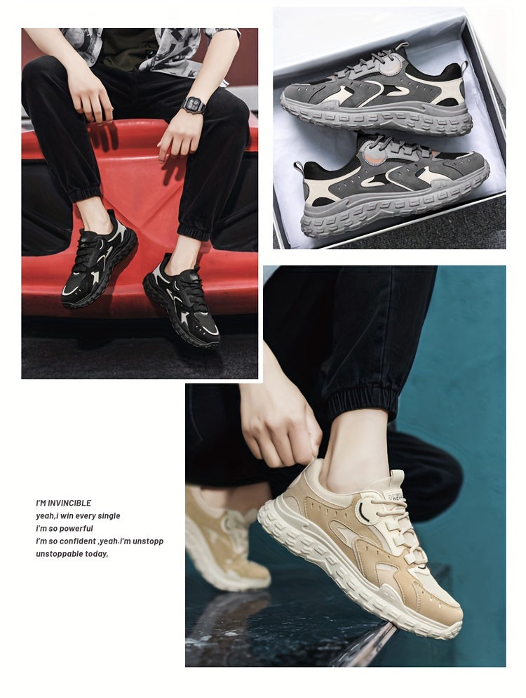 Men's Trendy Chunky Sneakers - Breathable Mesh  PU Upper, Durable PVC Sole, Lace-Up Casual Sneakers in Gray, Black  Orange, All-Season Comfort for Casual Attire