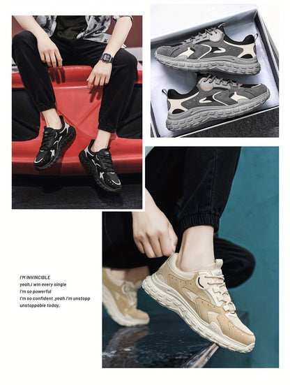 Men's Trendy Chunky Sneakers - Breathable Mesh  PU Upper, Durable PVC Sole, Lace-Up Casual Sneakers in Gray, Black  Orange, All-Season Comfort for Casual Attire
