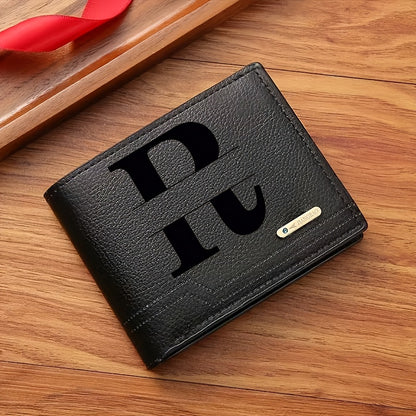 1pc Men's Business Style Faux Leather Wallet, Customizable Text and Initials, Solid Color Faux Leather with Contrast Accents, Compact Short Bifold Design for Easy Carrying - Perfect Birthday Gift for Boyfriend and Father, Per