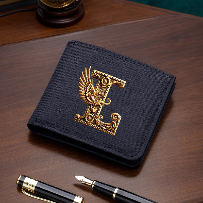 1pc Men's Short Canvas Initial Name Wallet, Zippered Denim Wallet for Men, Plain Ultra-Thin Letter Wallet for Men