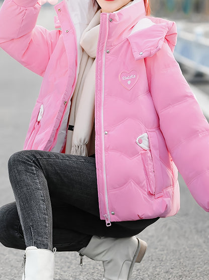 Women's Winter Hooded Jacket - Stylish Beige & White Zip-Up Coat with Heart Design, Warm Polyester Outerwear for Casual or Chic Looks, Winter Jacket