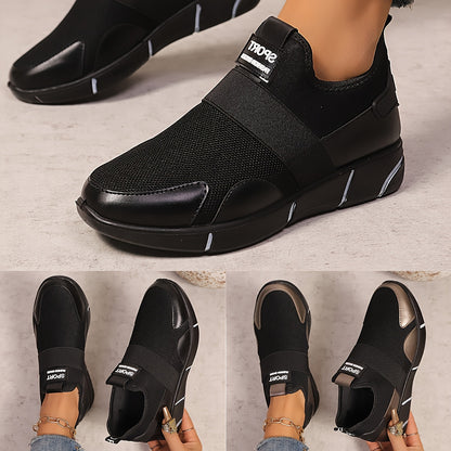 Women's Slip-On Sneakers - Lightweight Knit Upper, Breathable Design, Comfortable Casual Shoes with Strap, Black  Golden Accents, Round Toe for All-Day Wear, Sporty Sneakers   Round Toe Shoes   Flexible Sole, Ladies Sneakers