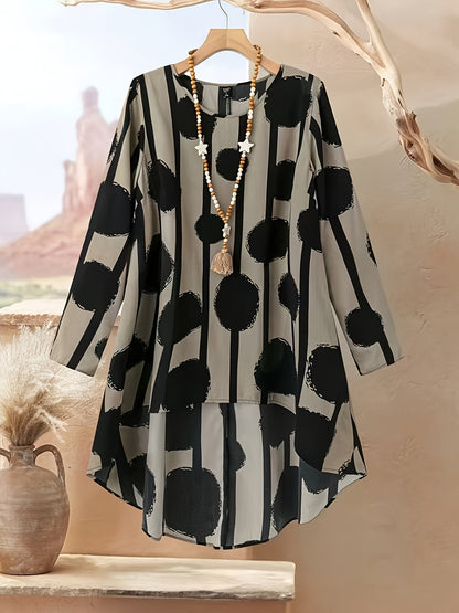 Women's Two-Piece Set with Geometric Pattern Round Neck Long Sleeve, Loose Hem Front Short Back Top and Pants, Casual Style, Summer/Autumn Wear, Mid-Length Tops, Solid Color Trousers, Long Sleeve Outfit
