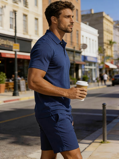 Men’s Summer Casual Golf Shirt and Solid Waist Shorts Set