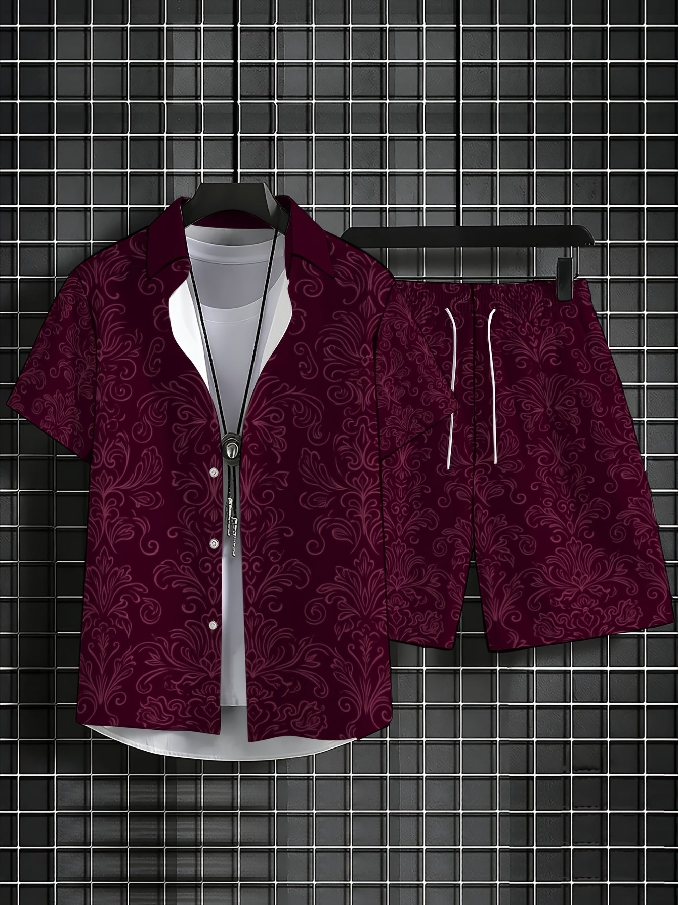 Men's Burgundy Swirl Print Short Sleeve Shirt & Shorts Set