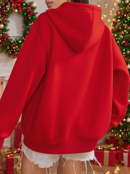 Women'S Red & Dark Green Christmas Hooded Sweatshirt with Reindeer & Snowflake Print, Cozy Winter Pullover Hoodie, Loose Fit Casual Sweater for Holiday Party