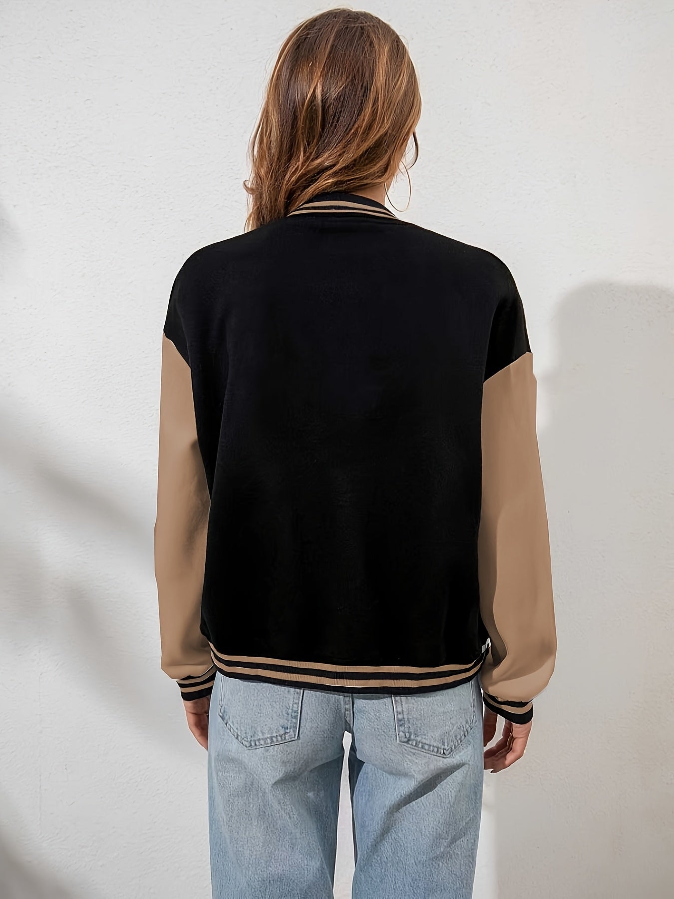 Women'S Casual Long Sleeve Baseball Jacket with "A" Letter Detail - Black & Beige Two-Tone Design, Button-Up Front, Flap Pockets, Fall/Winter Fashion Outerwear, Autumn Winter Apparel | Buttonup Jacket | Functional Pockets