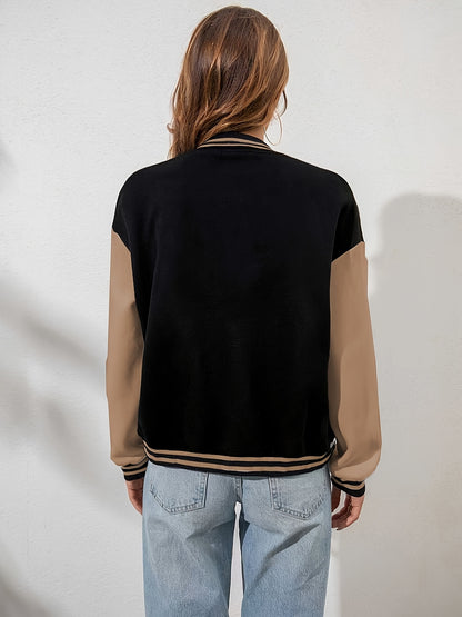 Women'S Casual Long Sleeve Baseball Jacket with "A" Letter Detail - Black & Beige Two-Tone Design, Button-Up Front, Flap Pockets, Fall/Winter Fashion Outerwear, Autumn Winter Apparel | Buttonup Jacket | Functional Pockets