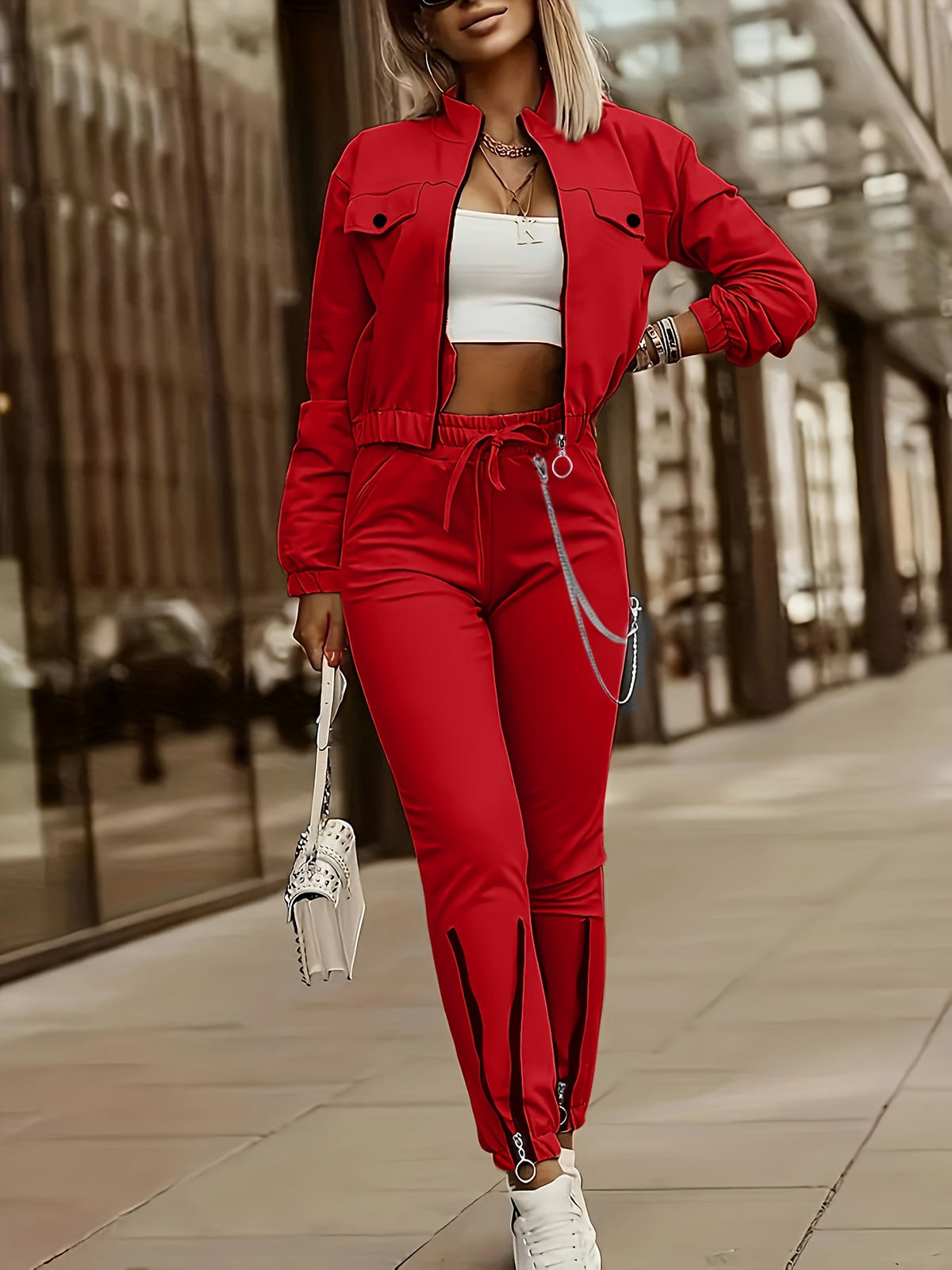 Women's Two-Piece Casual Set with Zipper Patchwork Detail - ayq