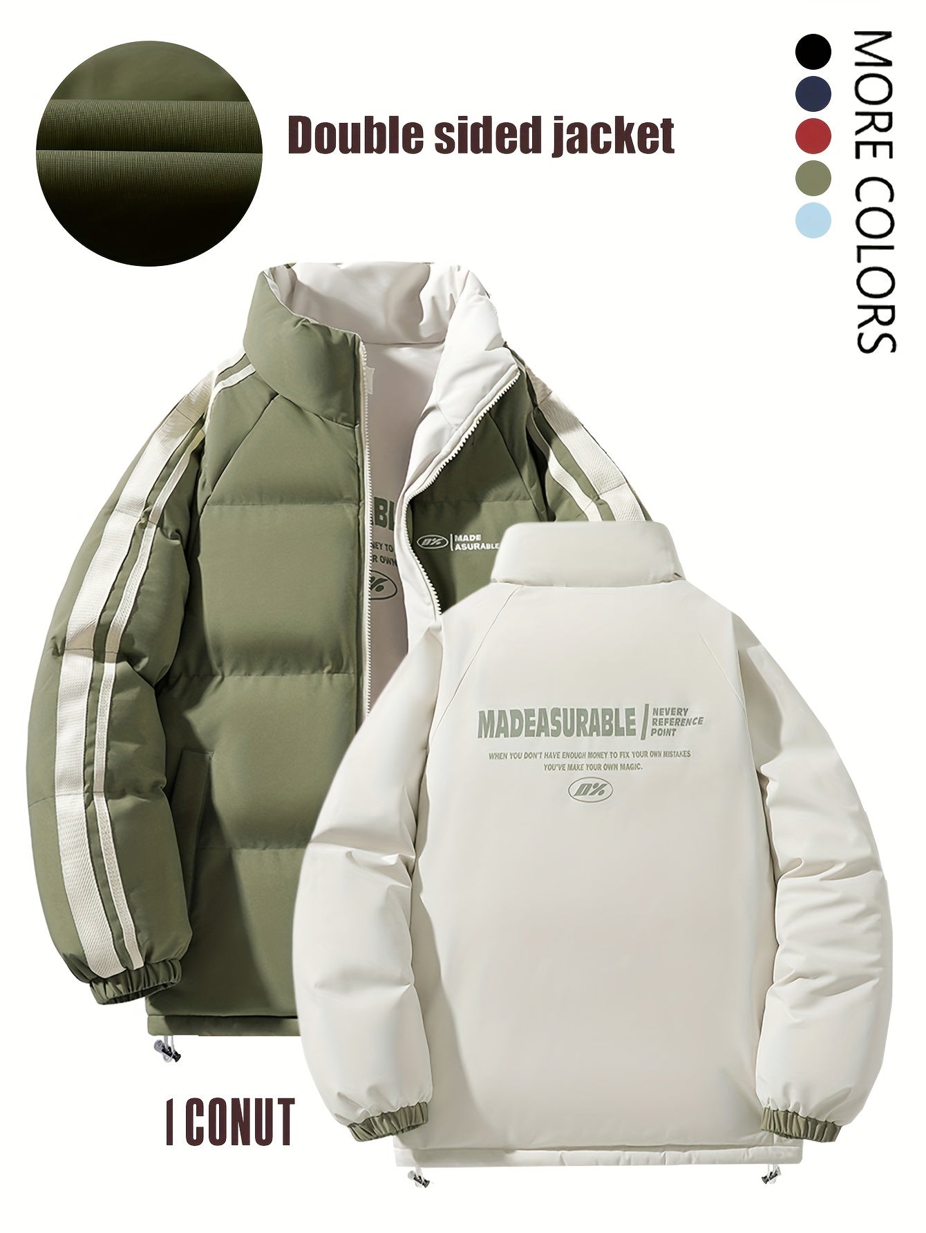 Men'S Double-Sided Winter Jacket - Thickened Stand Collar, Zip-Up Casual Long Sleeve Coat with "MADEASURABLE" & "I CONUT" Branding, Black & White, Regular Fit for Autumn & Winter, Autumn Outerwear, Bold Lettering, Durable Fab