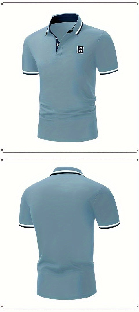 Men's Trendy Simple Letter Print Color Block Short Sleeve Button Up Lapel Shirt For Summer Daily, Golf Shirt
