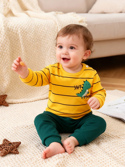 Boys' Winter Dinosaur Sweatsuit Set - Striped Long Sleeve Cotton Outfi
