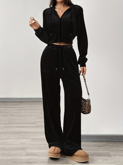 Women’s Elegant Velvet Crop Top & Wide-Leg Pants Set for Spring/Fall