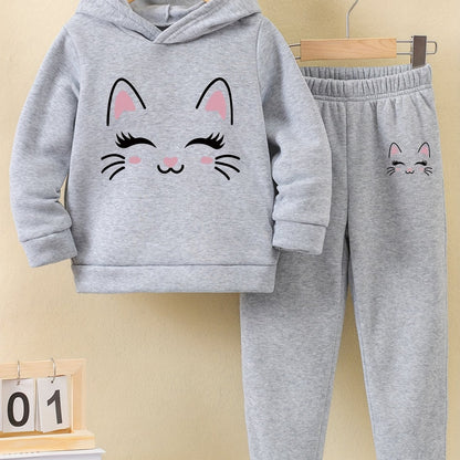 Autumn/Winter Smile Face Kitten Graphic Print Warm Fleece Hooded Sweatshirt And Sports Trousers for Girls, for Outdoor