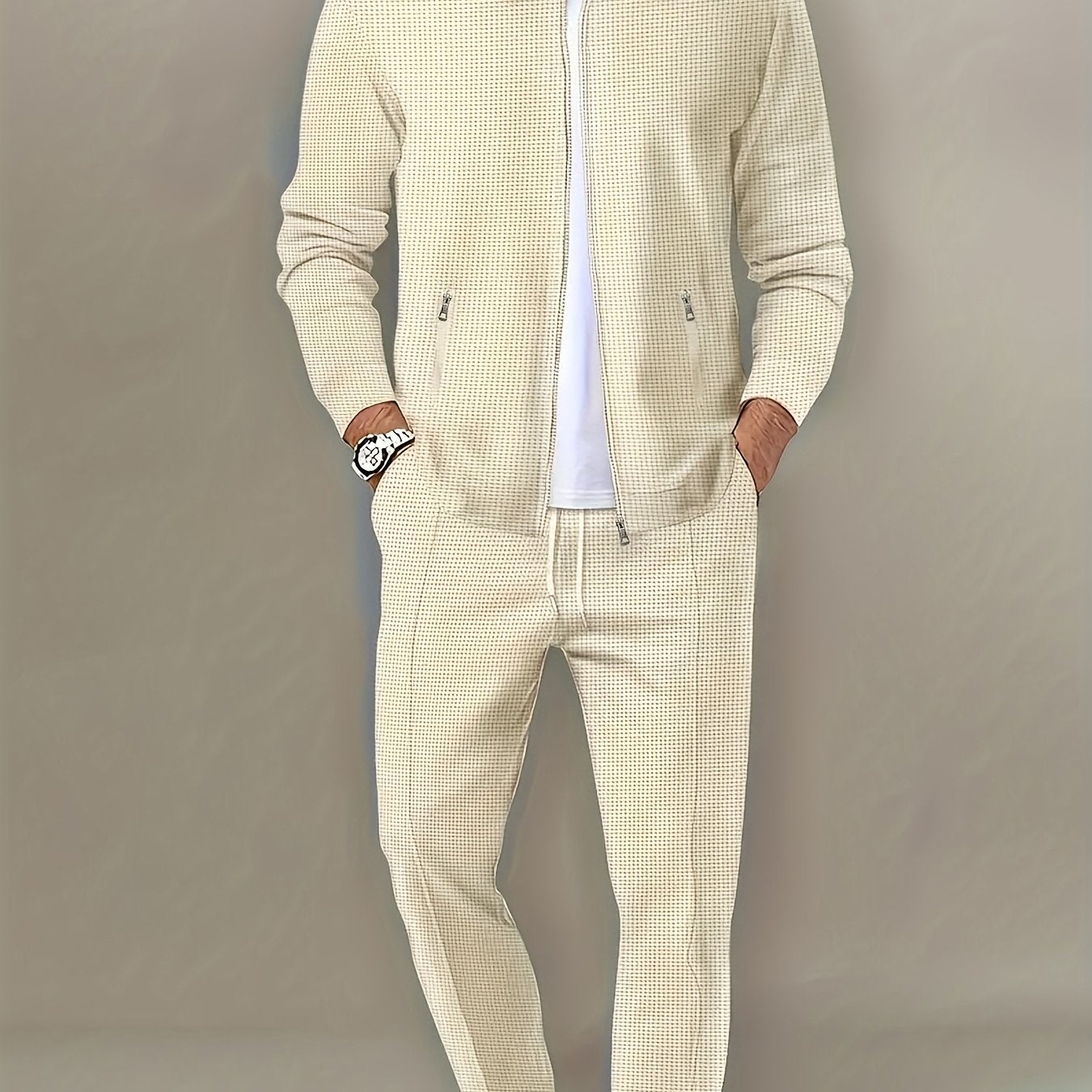 Men's Spring Waffle Knit Sportswear Set, European and American Style Casual Outfit