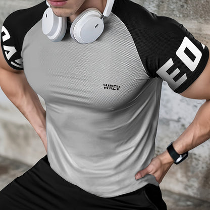 Men's Quick-Dry Breathable Mesh Sports T-Shirt - Summer Gym Workout Top with Contrast Black  White Sleeves  for Man Letter Print, Slim Fit for Running Training Casual Wear, Breathable Running Gear   Sporty Casual Tee   Mesh