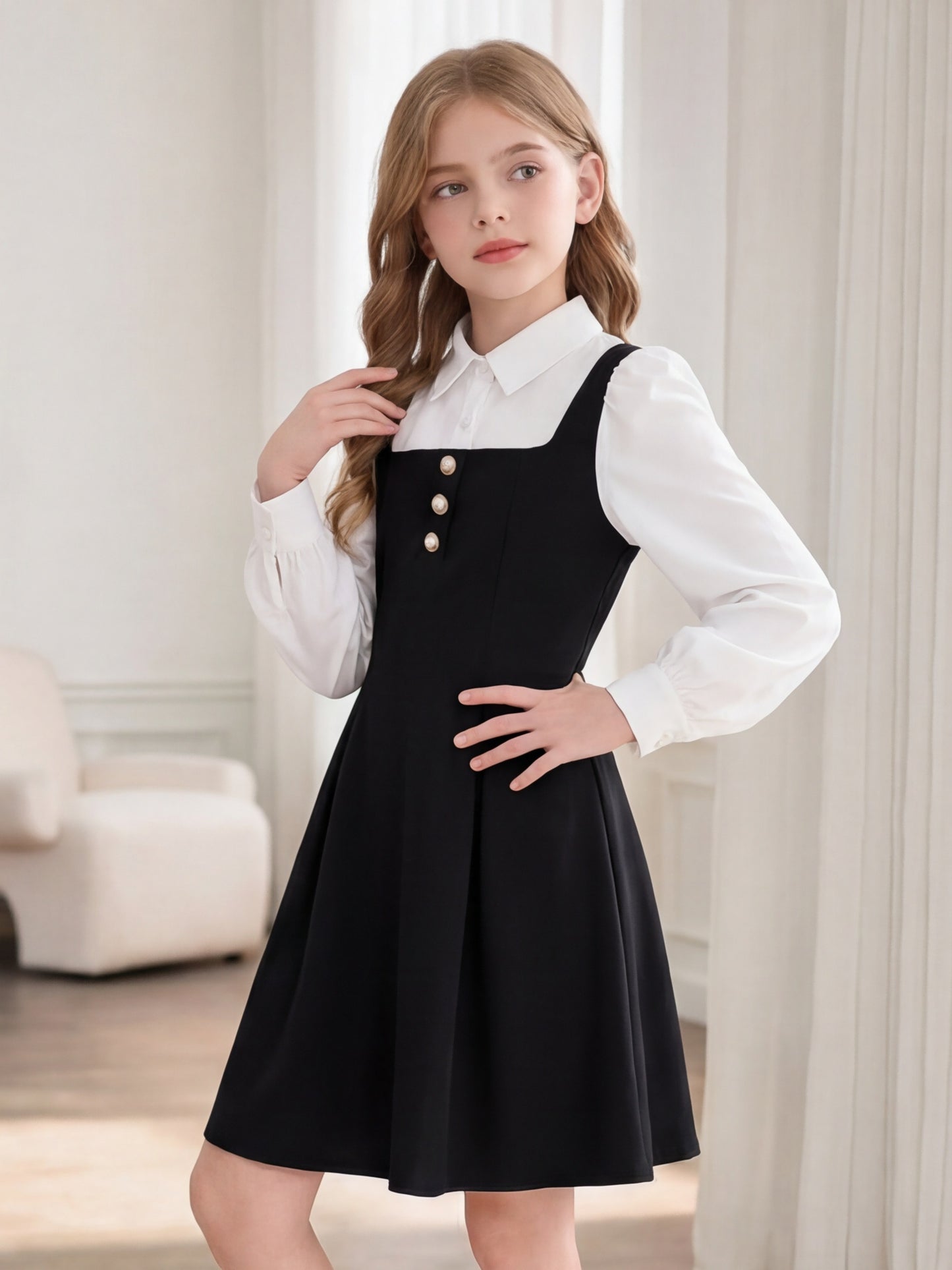 Girls' Elegant Black & White Patchwork Dress with Collared Shirt