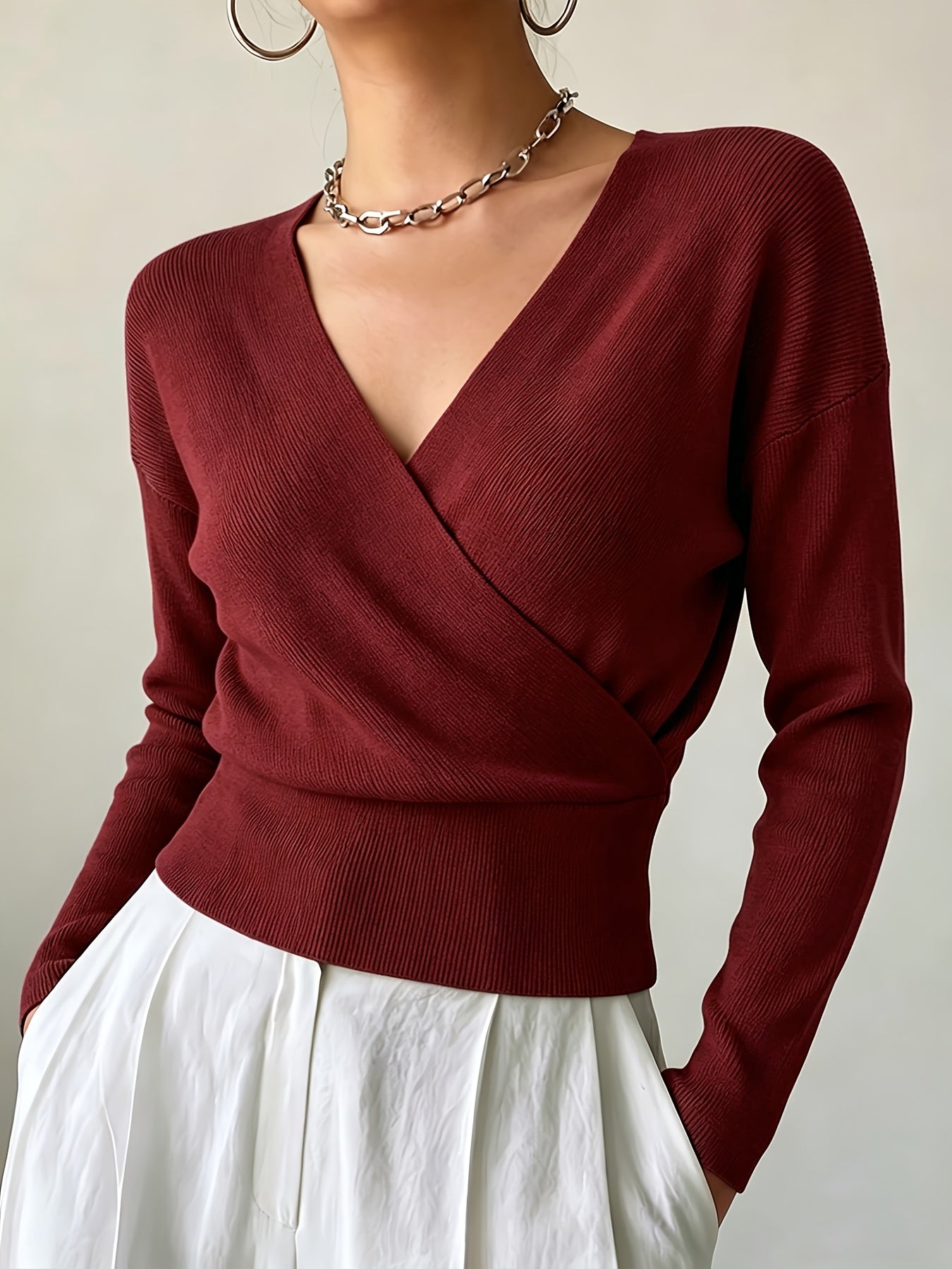 Women's Elegant Cross-Collar V-Neck Pullover Knitwear for Fall/Winter