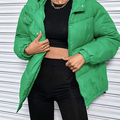 Women'S Stylish Winter Zip-Up Hooded Jacket - Casual Thickened Outerwear with Pockets, Long Sleeve, Non-Stretch Fabric, Solid Color, 100g/m², Perfect for Cold Weather, Winter Clothes