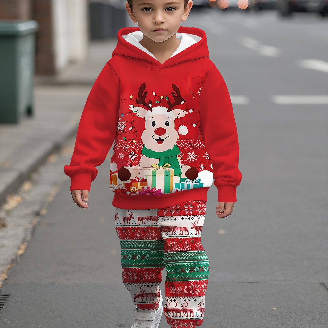2pcs Boys' Christmas Reindeer & Holiday Sweatsuit Set - Cozy Hooded Sweatshirt & Sweatpants Outfit, Warm Winter Clothes for Boys, Boys' Casual Playwear, Machine Washable Gift for Christmas & New Year’s (Matching Outfit), Pe