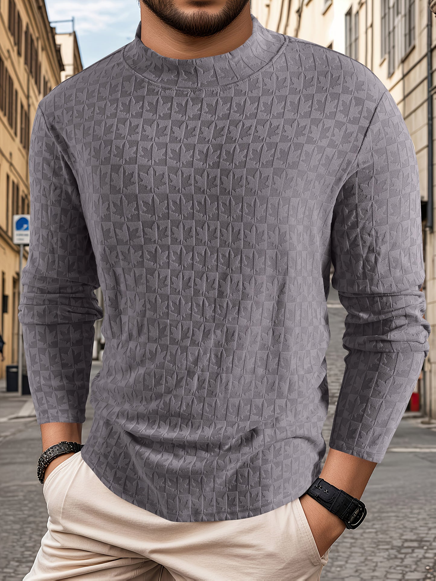 Men'S Long-Sleeve T-Shirt with a Half-High Collar, Casual Jacquard Base Layer for Outerwear, Stylish And High-Quality Top for Autumn And Winter
