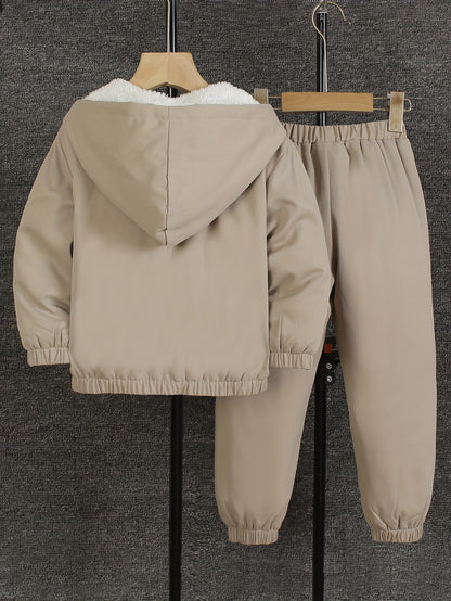 2pcs Set: a Set of Young Boys' Autumn And Winter Fleece Long-Sleeved Trousers Suit, for Outdoor